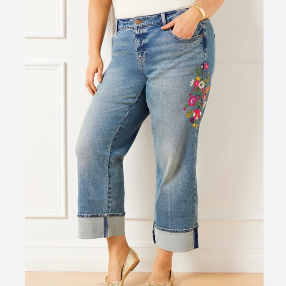 Talbots Size 24W Embroidered Wide Straight Ankle Cuff Jeans in Sloane Wash